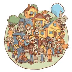 a large group of people standing in front of a house with many different types of houses
