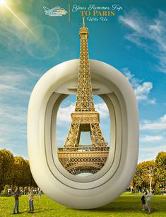 the eiffel tower in paris, france with people standing around it and looking at it