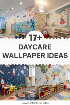 children's playroom with colorful wallpaper and toys