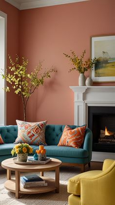 a living room filled with furniture and a fire place next to a wall painted pink