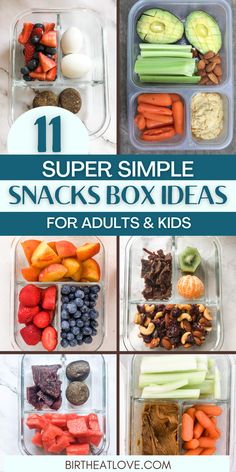 four pictures with the words super simple snacks box ideas for adults and kids
