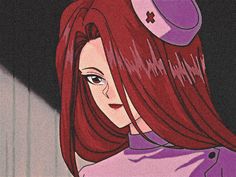 a woman with long red hair wearing a purple shirt and pink hat is staring into the distance