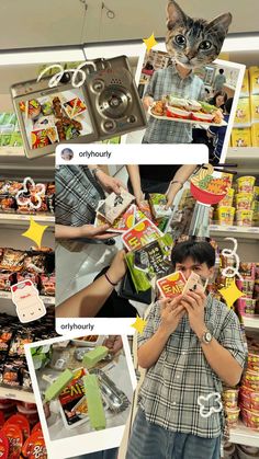 a man standing in front of a shelf filled with assorted items and holding a cell phone