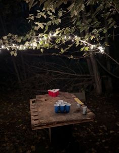 some cups are sitting on a picnic table in the woods at night with string lights