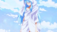 an anime character with blue hair standing in front of the sky holding her arms up