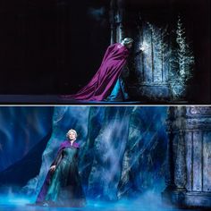 two pictures of the same scene in frozen water, one is wearing a purple cape