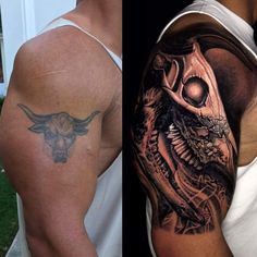 two men with tattoos on their arms and one has a skull in the middle of his arm