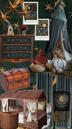 there is a collage of pictures with stars and furniture in the background, including a bed