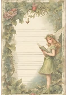 a fairy holding a book in front of a blank paper with flowers and vines around it