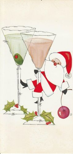 two martinis with santa claus and holly berries