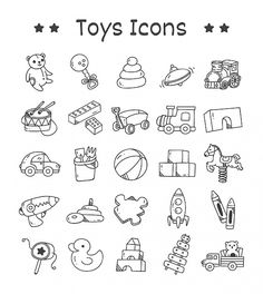 toys icons are shown in this black and white drawing style, with the words toys on it