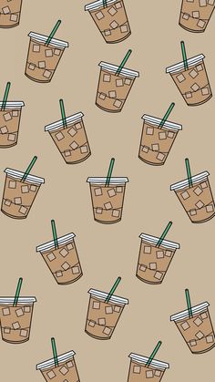 many cups with straws on them are lined up in the same pattern as each other