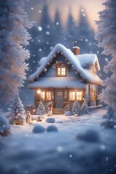 a snow covered house in the middle of a snowy forest with trees and lights on