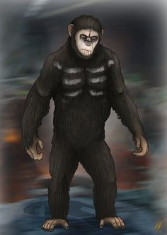 a drawing of a gorilla standing in the water