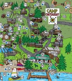 a map of the camp kreaeny area with boats, houses and trees