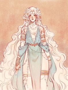 a drawing of a woman with long white hair wearing a blue dress and pearls on her head