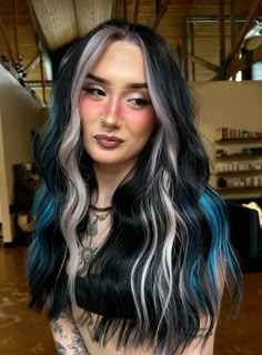 Nevermore Hair Color, Edgy Hair Dye Ideas, Unique Split Dyed Hair, Hair Extensions Color Ideas, Black Hair With Bright Highlights, Edgy Hair Colors, Black And Colorful Hair, Vivid Peekaboo Hair, Black Hair With Color Extensions