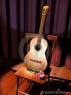 an acoustic guitar sitting on top of a wooden chair