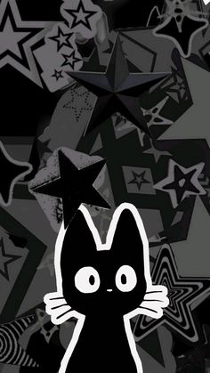 a black and white cat with stars on it's back ground in the background
