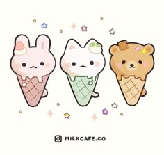 three ice cream cones with cartoon animals on them