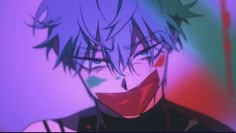 an anime character with purple hair and red nose wearing a black shirt, standing in front of a rainbow colored background