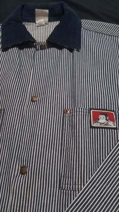 Casual Work Outfit Ideas, Blue And White Striped Shirt, Blue Striped Work Shirt, How To Style Work Shirts, Vintage Workwear Style, Pinstripe Button Up, Ben Davis Chore Coat, Ben Davis Work Jacket, Ben Davis