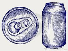 a drawing of a canned drink and an empty can with the lid open on a white background