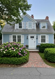 a blue house with flowers in front of it