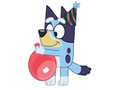 a cartoon dog wearing a party hat and holding a frisbee