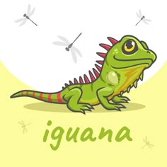 an iguana is sitting on the ground with dragonflies in the background illustration