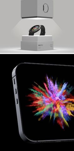 an apple watch is on display in front of a box with the same color as it appears