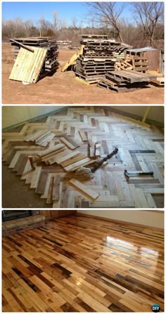 two pictures showing different types of wood flooring and the same area that is being used for