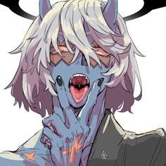 an anime character with white hair and horns on his head is making a funny face