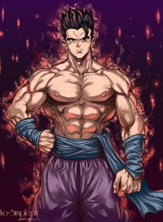 an anime character with no shirt on, and his arms are wrapped around the waist