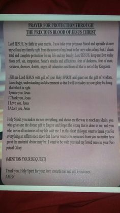 a paper with the words prayer for protection through the precious blood of jesus christ on it