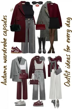 The first outfit features a burgundy coat, black turtleneck, grey wide-leg jeans, and burgundy sneakers, accessorized with sunglasses and gold earrings. The second outfit includes a textured grey coat, burgundy sweater, black mini skirt, tights, and tall black boots, paired with a burgundy bag. The third outfit combines a grey blazer, white crop top, burgundy handbag, and wide-leg trousers styled with Adidas sneakers. The final outfit mixes a burgundy cardigan, white crop top, grey jeans, and burgundy sneakers. Accessories like caps, scarves, and structured bags add versatility. basic wardrobe, capsule wardrobe, stylish wardrobe, women's wardrobe, minimalist wardrobe, autumn wardrobe, winter wardrobe, wardrobe trends, create a wardrobe, fashionable wardrobe, office wardrobe, leisure Burgundy Cardigan Outfit, Burgundy Blazer Outfit Woman, Burgundy Sneakers Outfit, Burgundy Coat Outfit, Burgundy Blazer Outfit, Burgundy Sweater Outfit, Burgundy Jacket Outfit, Outfits With Grey Cardigan, Winter Sweater Outfits