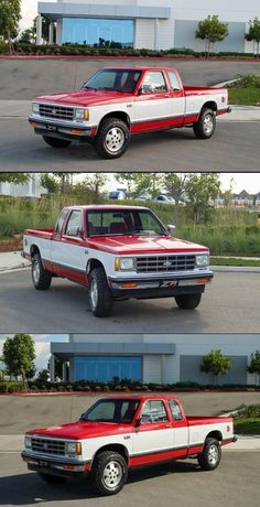 three pictures of the same truck in different colors and sizes, each with its own flatbed