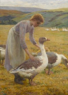 a painting of a woman feeding ducks in a field