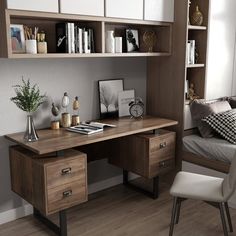 a bedroom with a bed, desk and shelves
