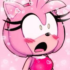 a cartoon character with pink hair and heart shapes on her face, in front of a pink background