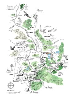 a map with trees and birds on it, including the name of each area in green
