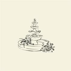 a black and white drawing of a fountain with flowers on it's bottom tier