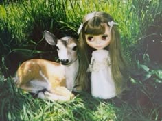 a doll is sitting next to a deer in the grass