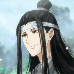 an anime character with long black hair wearing a headband and looking at the camera