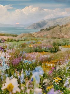 a painting of wildflowers and mountains by the ocean with clouds in the sky