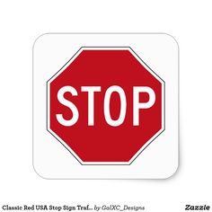 a red stop sign on a white square sticker with the word stop below it
