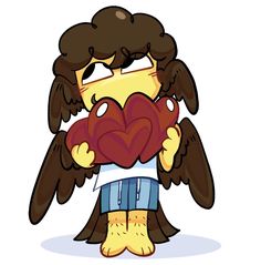 a cartoon character holding a heart with two wings on his chest and one eye closed