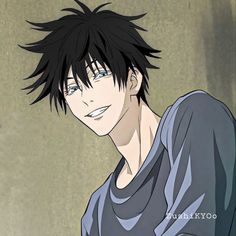 an anime character with black hair and blue eyes