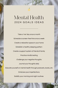 If you’re unsure of specific things you can do to prioritize your mental health in 2024, here are a few ideas for you to incorporate! Save this post to use as a reminder throughout the year 💛 Mental Health Goals Ideas, Mental Goals Ideas, Mental Health Resolutions, Goals For Mental Health, Mental Health Goals, How To Set Goals For Mental Health, New Year Mental Health, New Year Goals Mental Health, New Years Resolution Mental Health