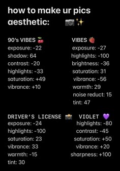 two screens showing different types of text on black background, with the words how to make ur pics aesthetic